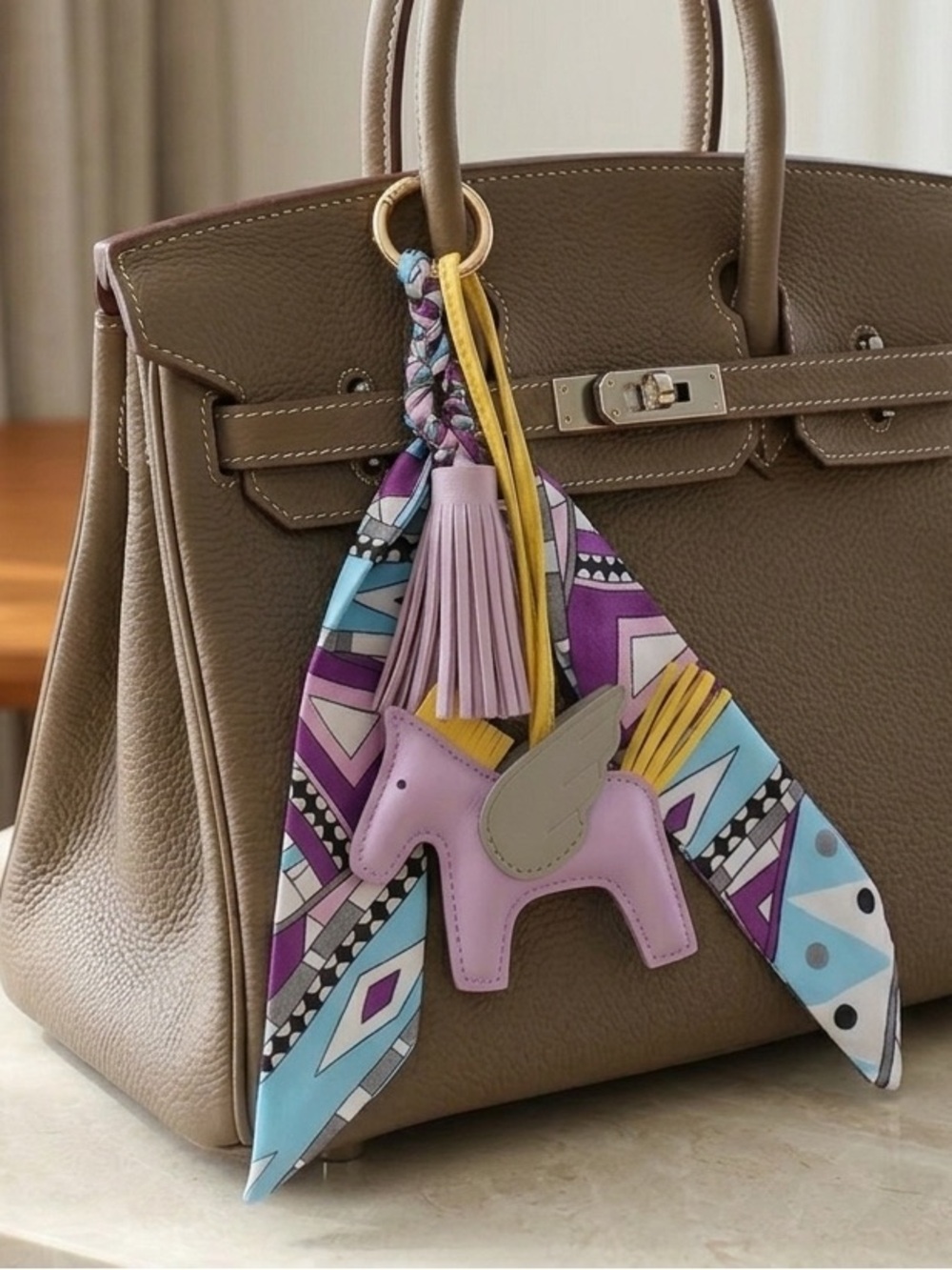 Luxury Pegasus Horse Leather Bag Charm with Twilly-Wrapped-Tassel - Purple